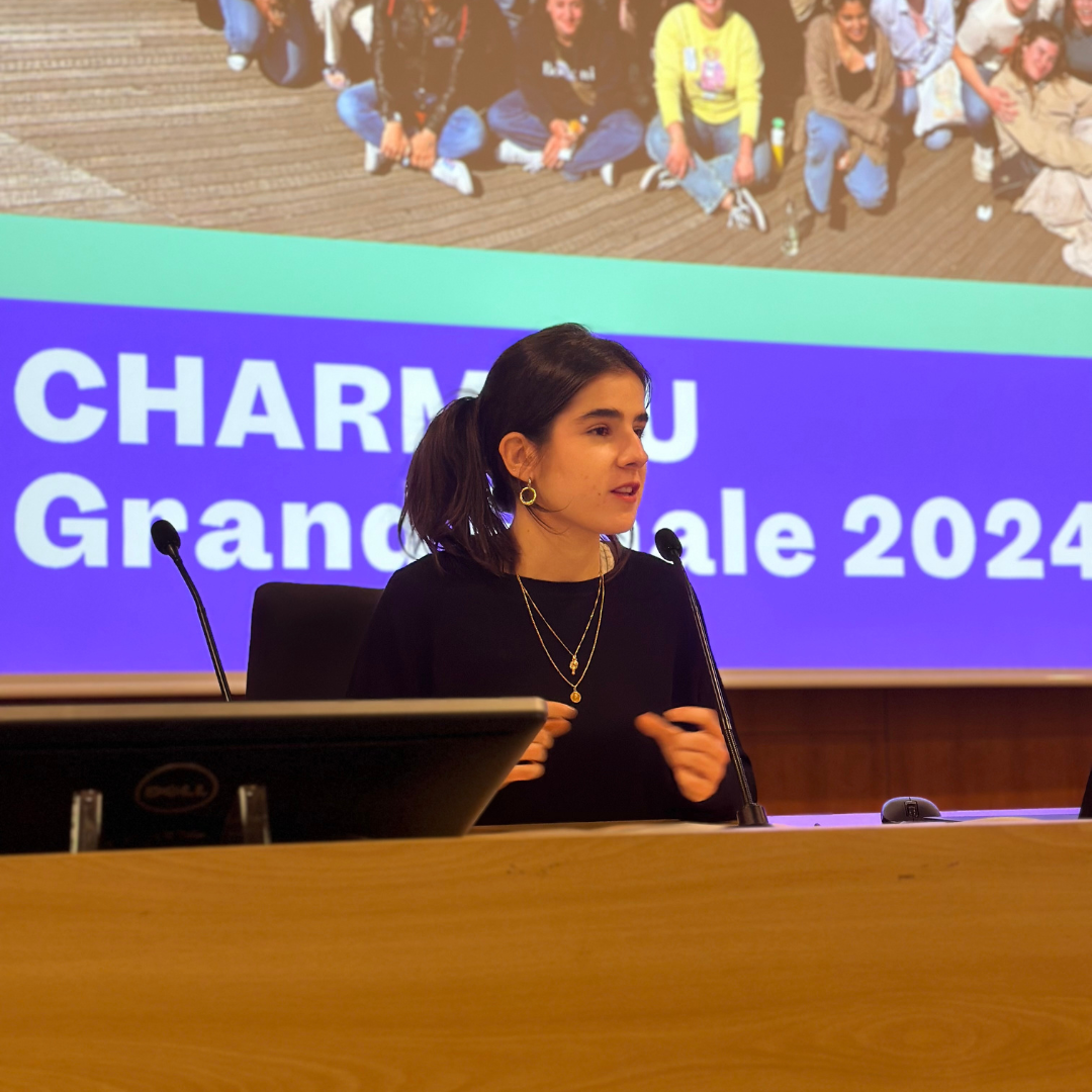 Itziar Salazar, CHARM-EU Alumni from the Master's in Global Challenges for Sustainability, giving her speach during the closing session of the Grand Finale 2024. 