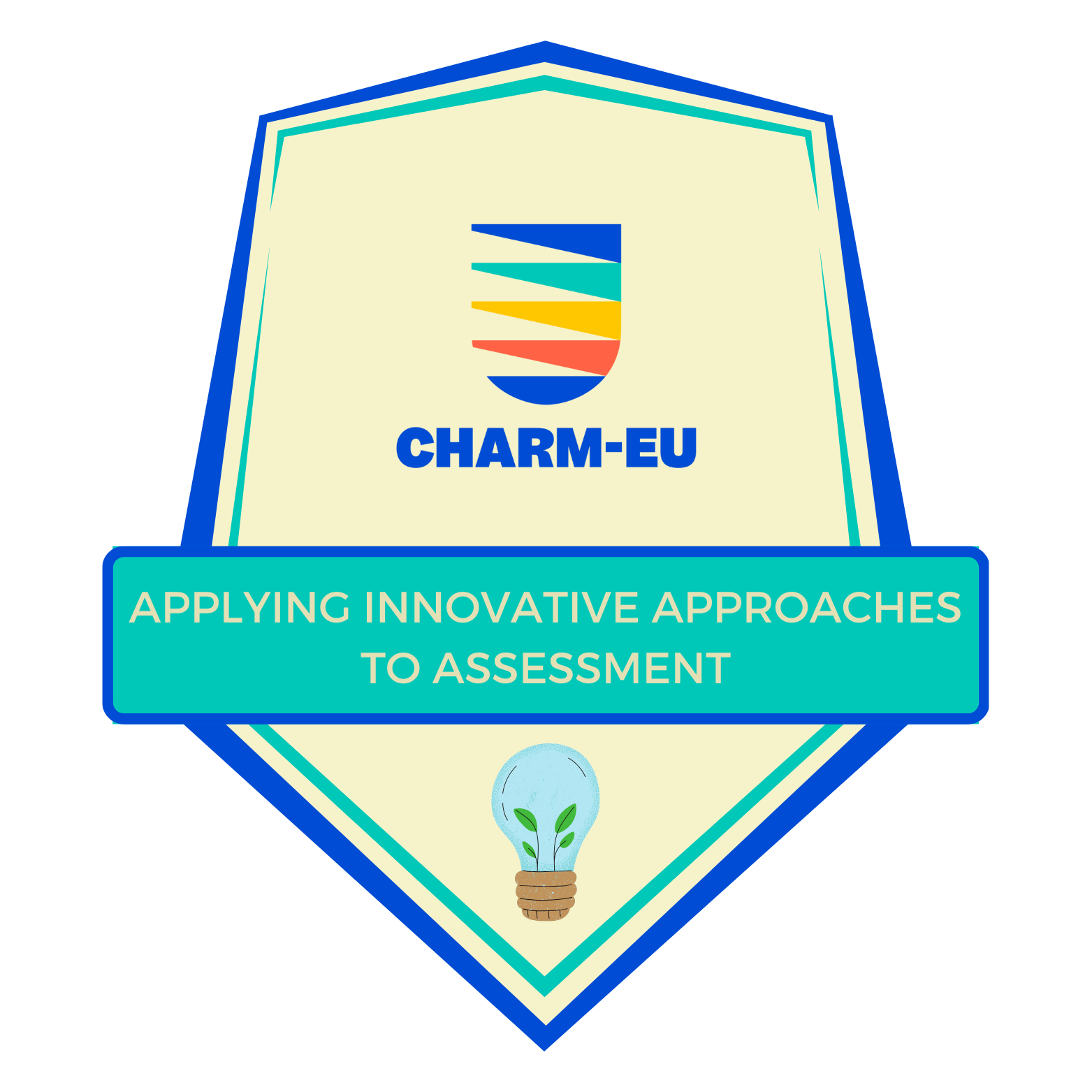 EduBadge for CHARM-EU. The CHARM logo on top, then the text "Applying innovative approaches to assessment", and below that a lightbulb with two plants growing inside of it.
