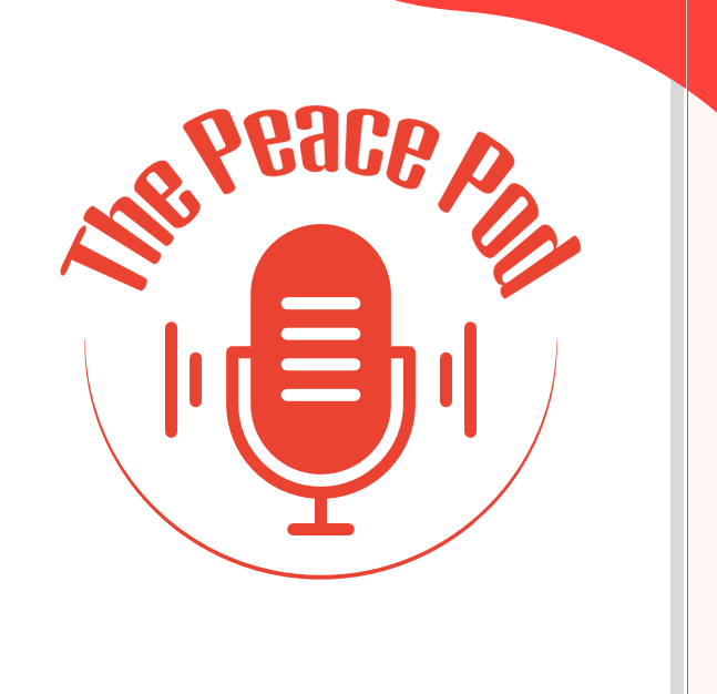 Logo of the Peace Pod podcast, representing a microphone in red, with the text "Peace pod" written in red over the microphone.