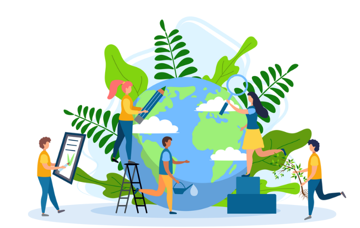 Ecology concept. World with trees, plants and volunteers.