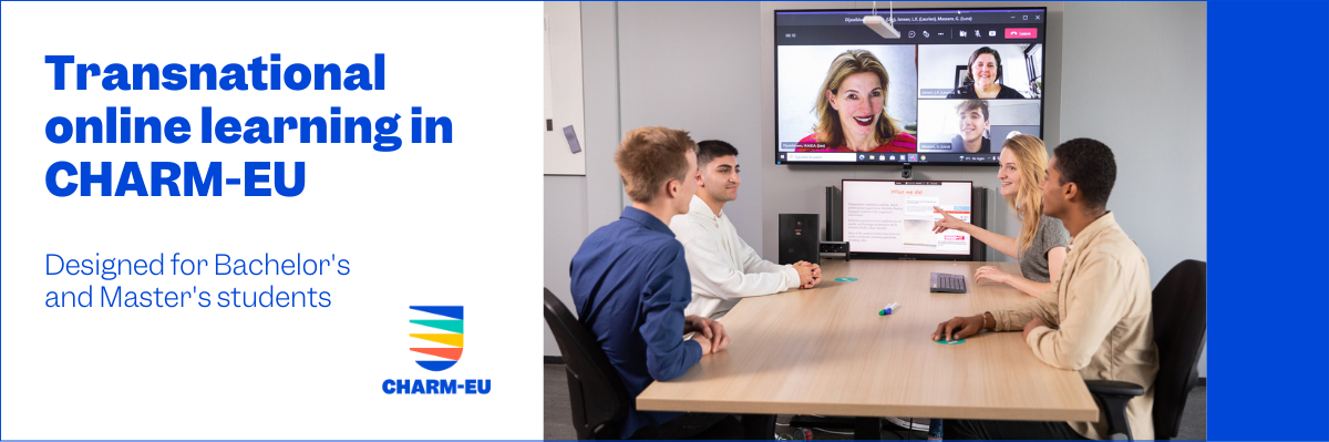 Transnational online learning Banner with students learning in a hybrid classroom