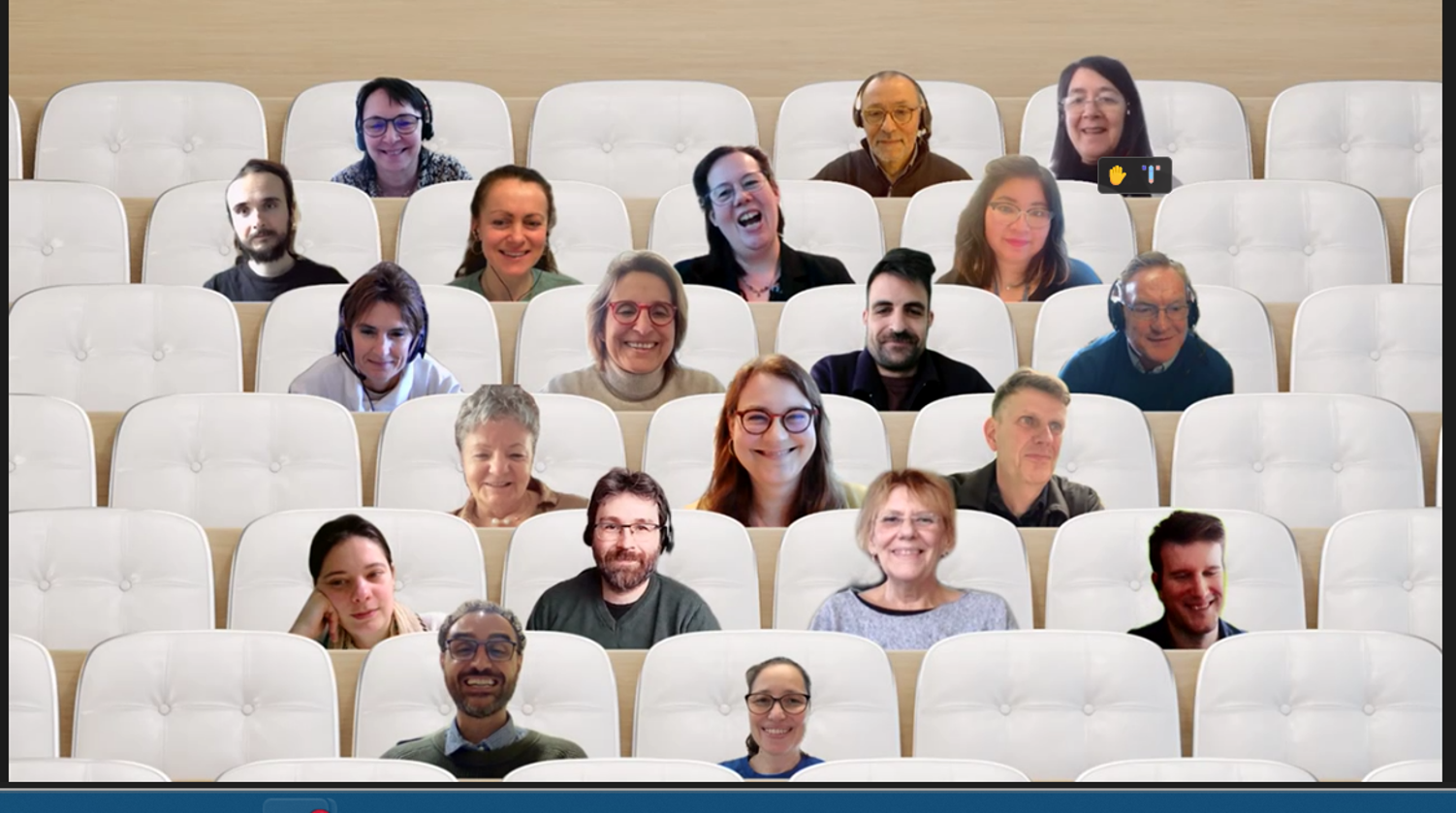 Screenshot from a Teams online video meeting, with the attendances placed as if they were sitting in an auditorium.
