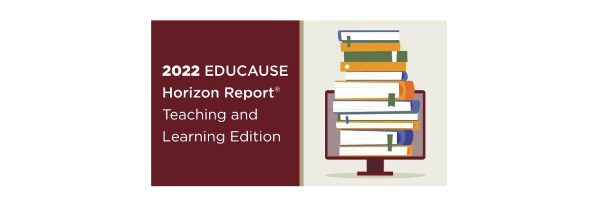 Educause Horizon Report cover. Piles of books 