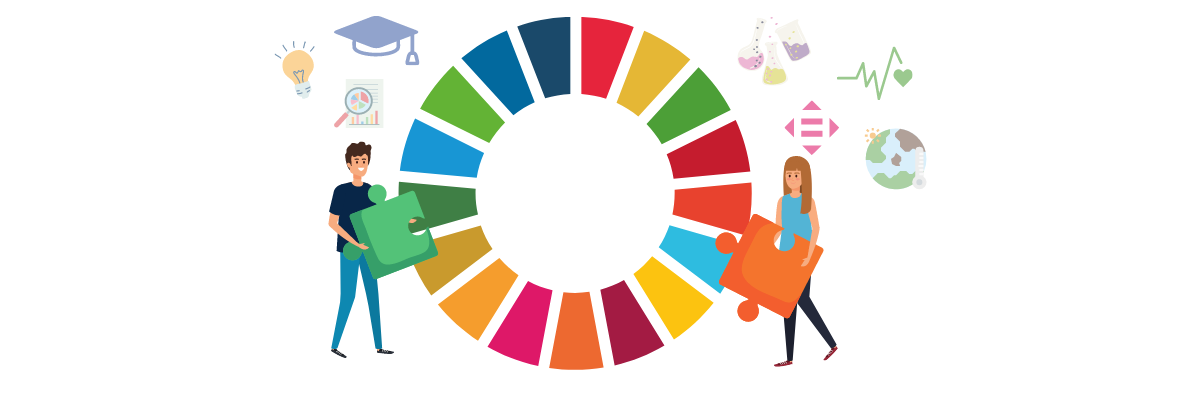 SDG wheel surrounded by sustainable icons woman and man holding puzzle pieces