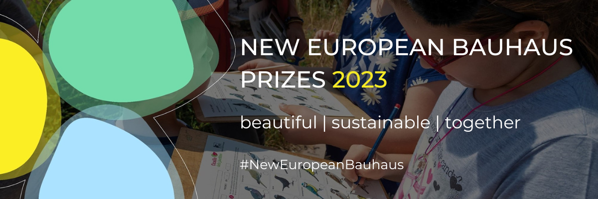 Logo of the New European Bauhaus with children drawing in the background and a title saying: New European Bauhaus Prizes 2023 - beautiful, sustainable, together