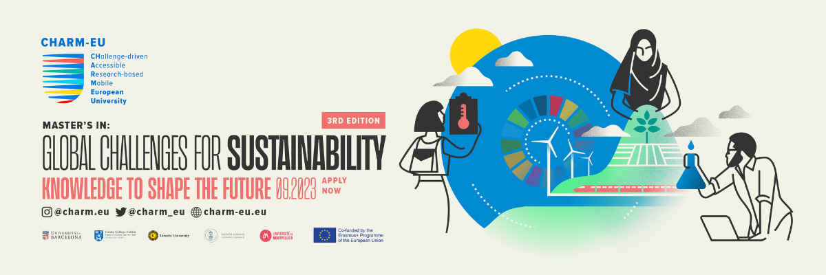 Poster of the CHARM-EU master's in Global Challenges for Sustainability with colorful drawings of students, nature and the DSG symbol.