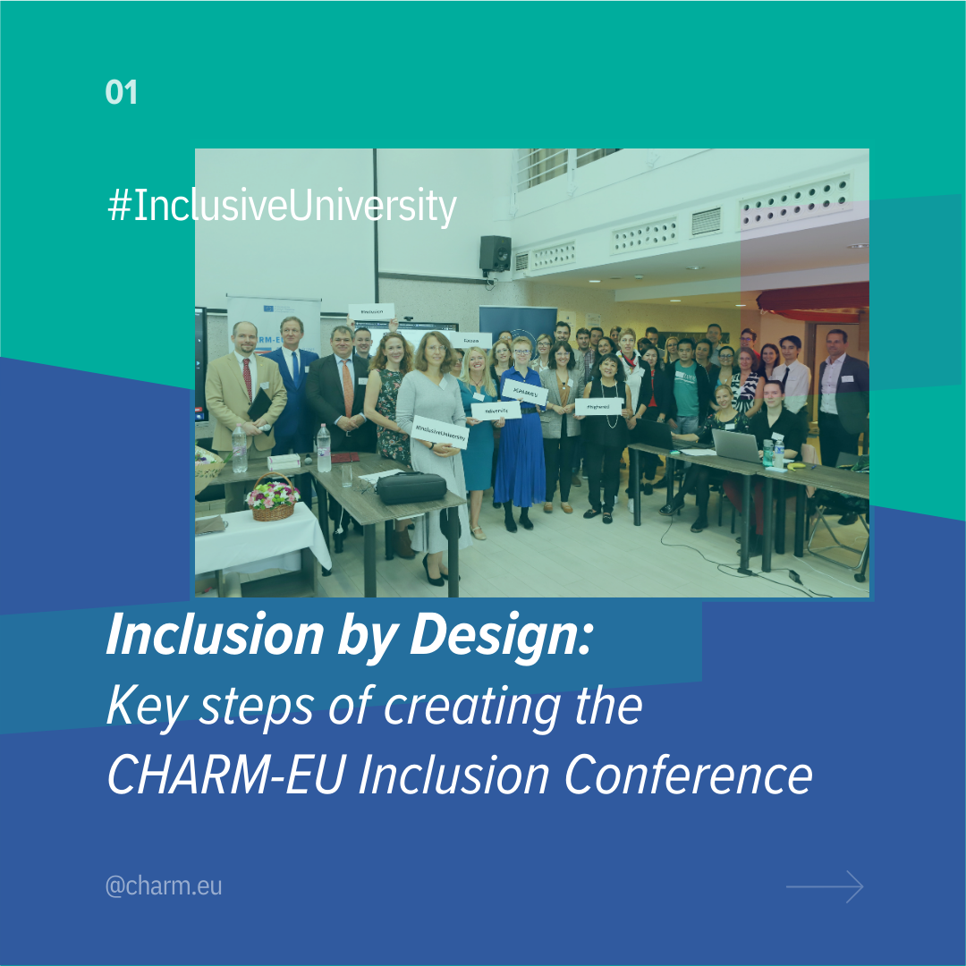 Image with a group photo of participants of the CHARM-EU Inclusion Conference with the title: "Inclusion by Design: Key Steps of Creating the CHARM-EU Inclusion Conference"