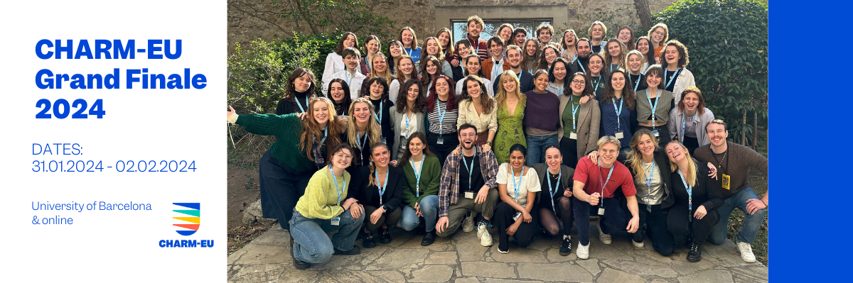 Banner with the group photo of the 2nd cohort from the Masters' in Global Challenges for Sustainability during the Grand Finale 2024 at the Faculty of Audiovisual, University of Barcelona