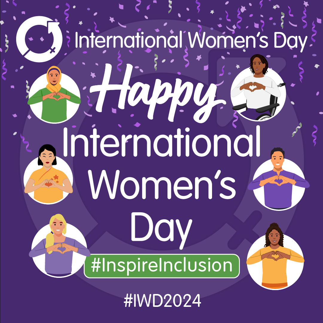 International Women's Day poster. Visuals : 6 icons of people making a heart with their hands, purple background. Text: Happy International Women's Day, #inspireinclusion #IWD2024