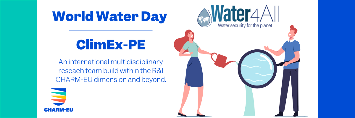 Text: World Water Day - ClimEx-PE An international multidisciplinary reseach team build within the R&I CHARM-EU dimension and beyond. Ilustration: a girl and a bou watering the soil. 