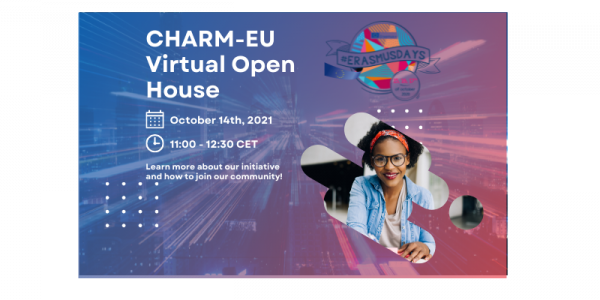CHARM-EU Open House poster with a woman and the Erasmus Days logo