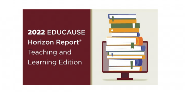 Educause Horizon Report cover. Piles of books 