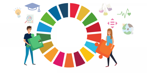 SDG wheel surrounded by sustainable icons woman and man holding puzzle pieces