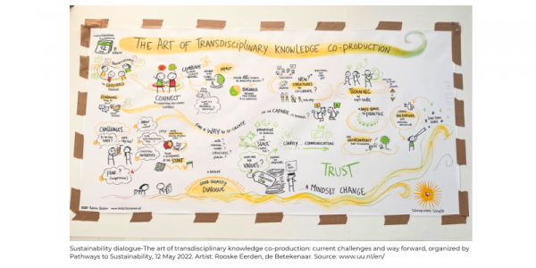 Sustainability dialogue-The art of transdisciplinary knowledge co-production: current challenges and way forward, organized by Pathways to Sustainability, 12 May 2022. Artist: Rooske Eerden, de Betekenaar