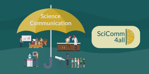 Various activities depicted under an umbrella with the title "Science Communication" and with the logo of SciComm4All