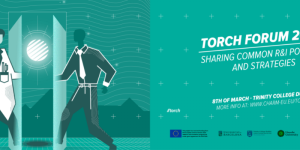 Poster of the TORCH forum with scientist woman and businessman and a glowing TORCH logo