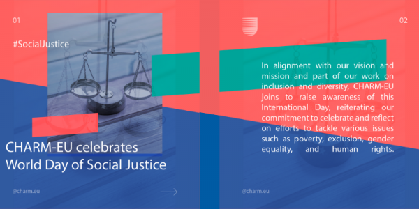 Cover image with the symbol of justice and the text: CHARM-EU celebrated Social Justice Day