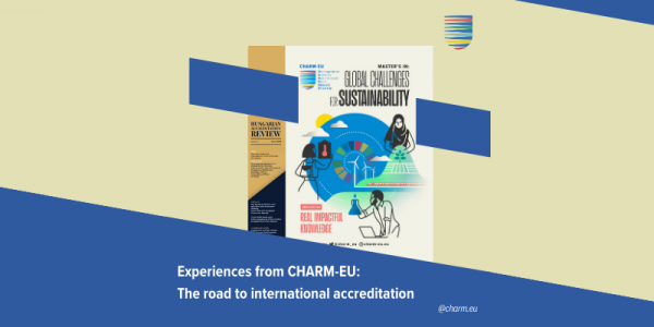Image with the poster of the CHARM-EU Master's in Global Challenges for Sustainability, the CHARM-EU logo and a text saying "Experiences from CHARM-EU: The road to international accreditation