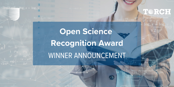 Cover image with a woman reading in the background and the title: Open Science Recognition Award