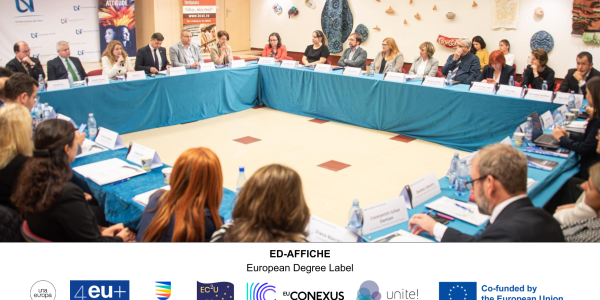 Big round table with approximately 27 persons  discussing about the European Degree label - ED-AFFICHE and the logos from the full partners UnaEuropa, 4EU+, CHARM_EU, EC2U, EU-CONEXUS, Unite! and the Co-funded by the European Union logo