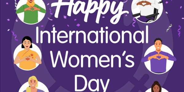 International Women's Day poster. Visuals : 6 icons of people making a heart with their hands, purple background. Text: Happy International Women's Day, #inspireinclusion #IWD2024