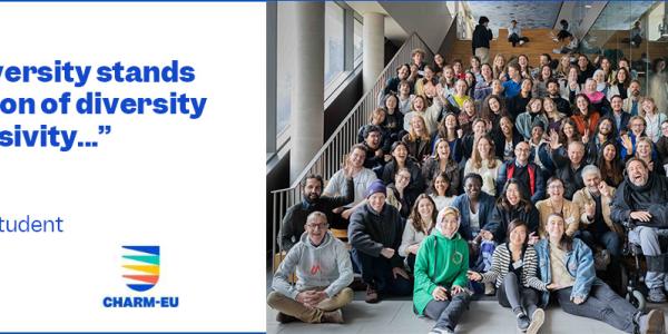 Quote: "The university stands as a beacon of diversity and inclusivity..." by Abdikerim, CHARM-EU student. On the side of the quote is a group of happy students.