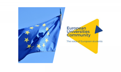 European Flag on the left and yellow logo with white background