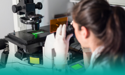 Life science female researcher using microscope in the laboratory