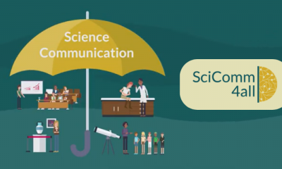 Various activities depicted under an umbrella with the title "Science Communication" and with the logo of SciComm4All