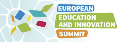 Poster European Education and Innvoation Summit with coloured mosaics in a light blue background
