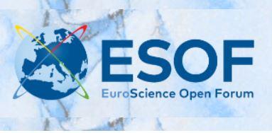 Blue ESOF logo with a planet on the right and light blue background