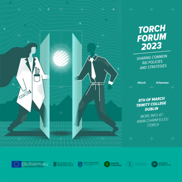 Poster of the TORCH forum with scientist woman and businessman and a glowing TORCH logo